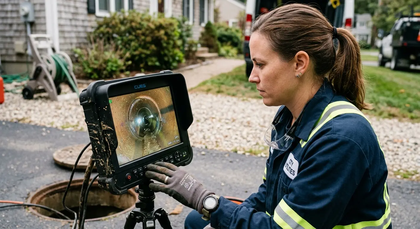 Technician reviewing sewer camera inspection footage in Hillsdale