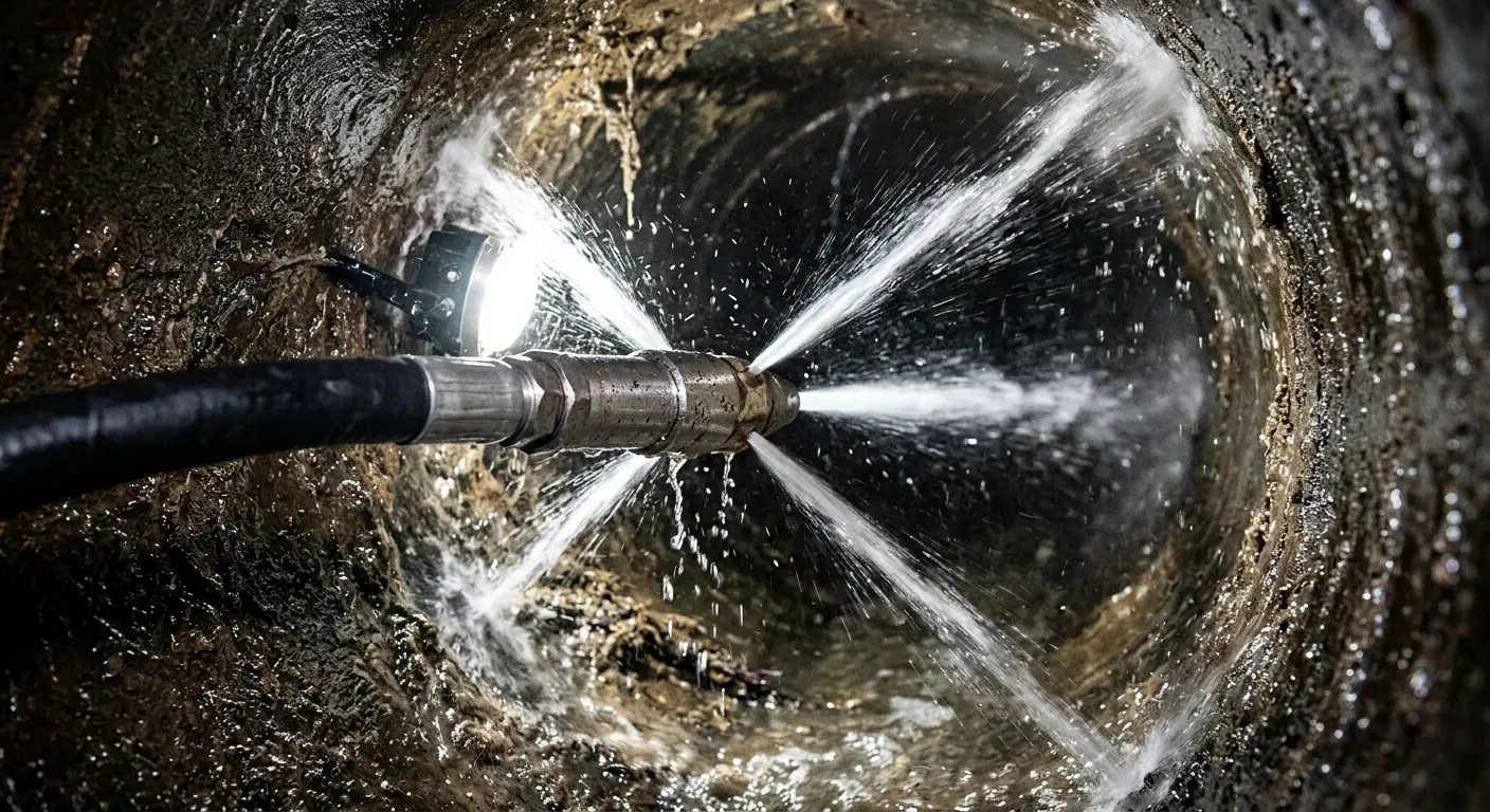 High-pressure hydro jetting nozzle cleaning sewer pipe for Sewer Cleanout in Hillsdale