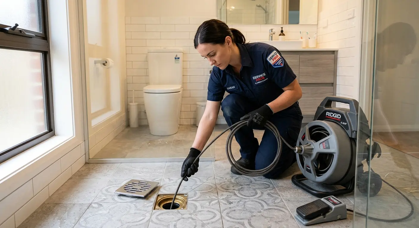 Technician clearing a bathroom floor drain for Hydro Jetting in Hillsdale